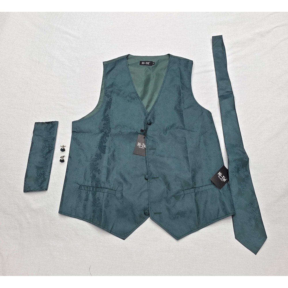 Hi-Tie Mens Teal Green Paisley Vest Tie Pocket Square Cufflink Set Size M NEW